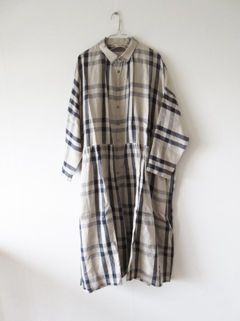 日本製イチアンティークス　リネンヴィンテージチェックシャツドレス